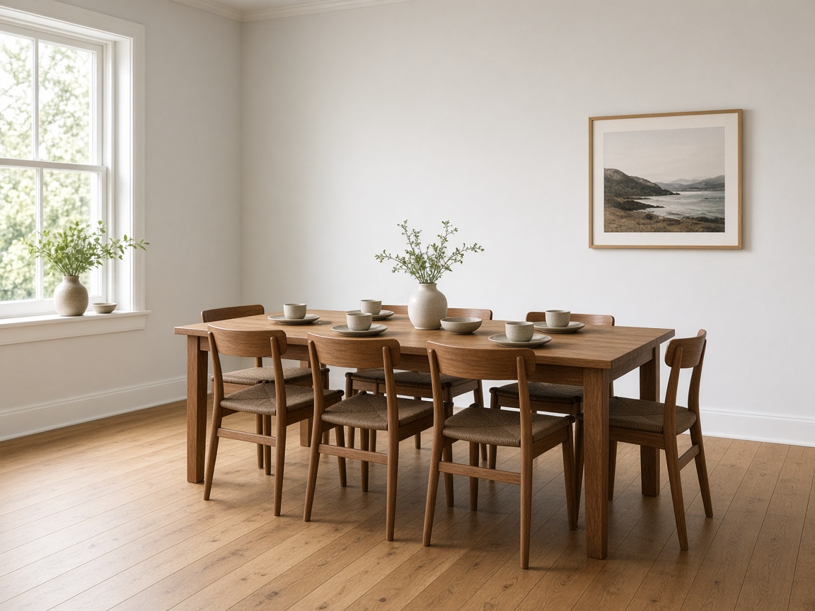 A timber dining table with a chair pulled out to show clearance to the wall