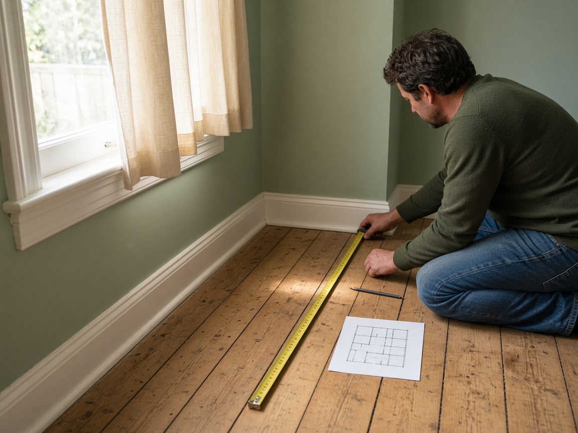 A person measuring a New Zealand living room floor with a steel tape beside a pencil sketch